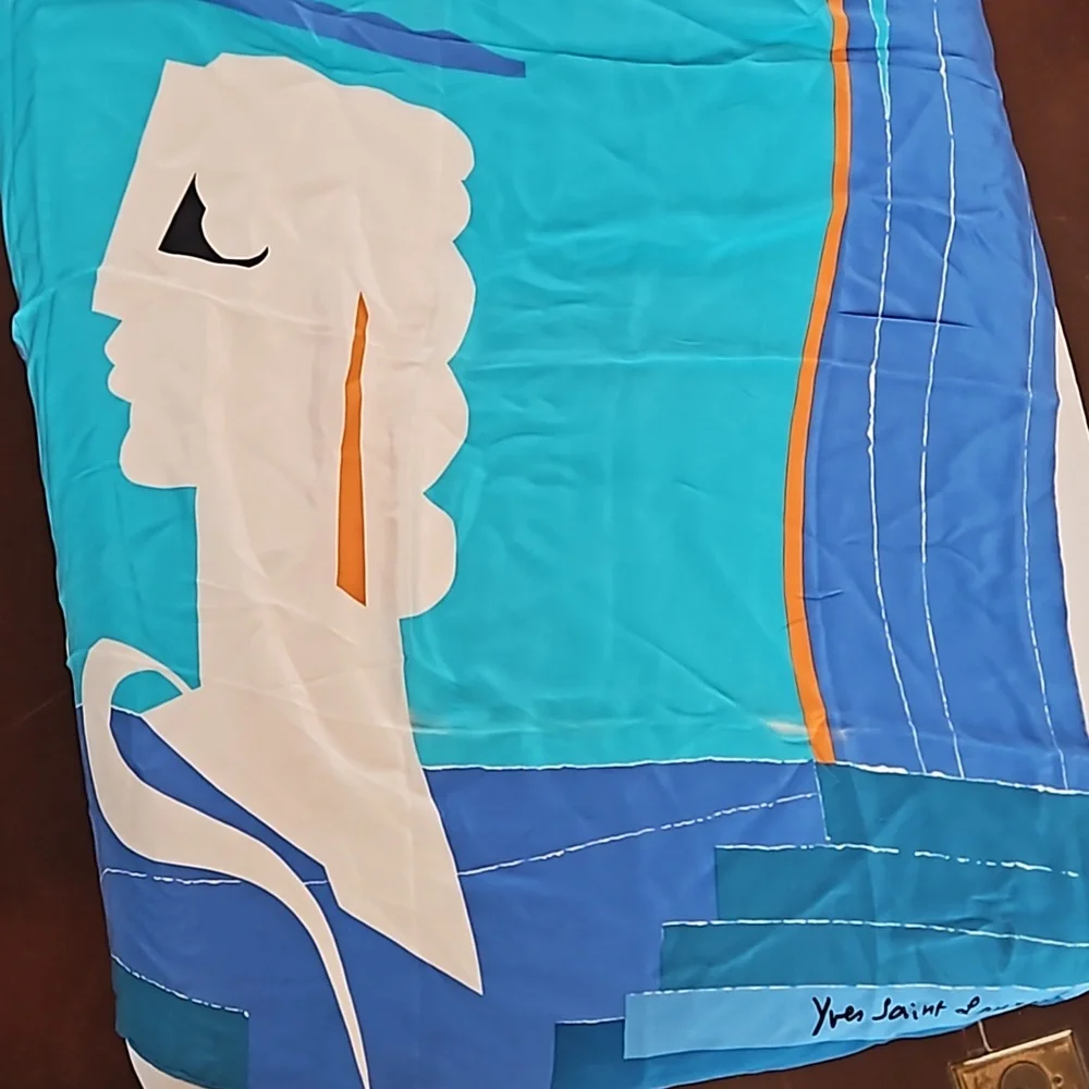 Yves Saint Laurent Blue White Red Graphic Silk Scarf